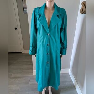 London Fog Teal Trench Coat Women’s Long Classic Button Front Coat Size 12 R